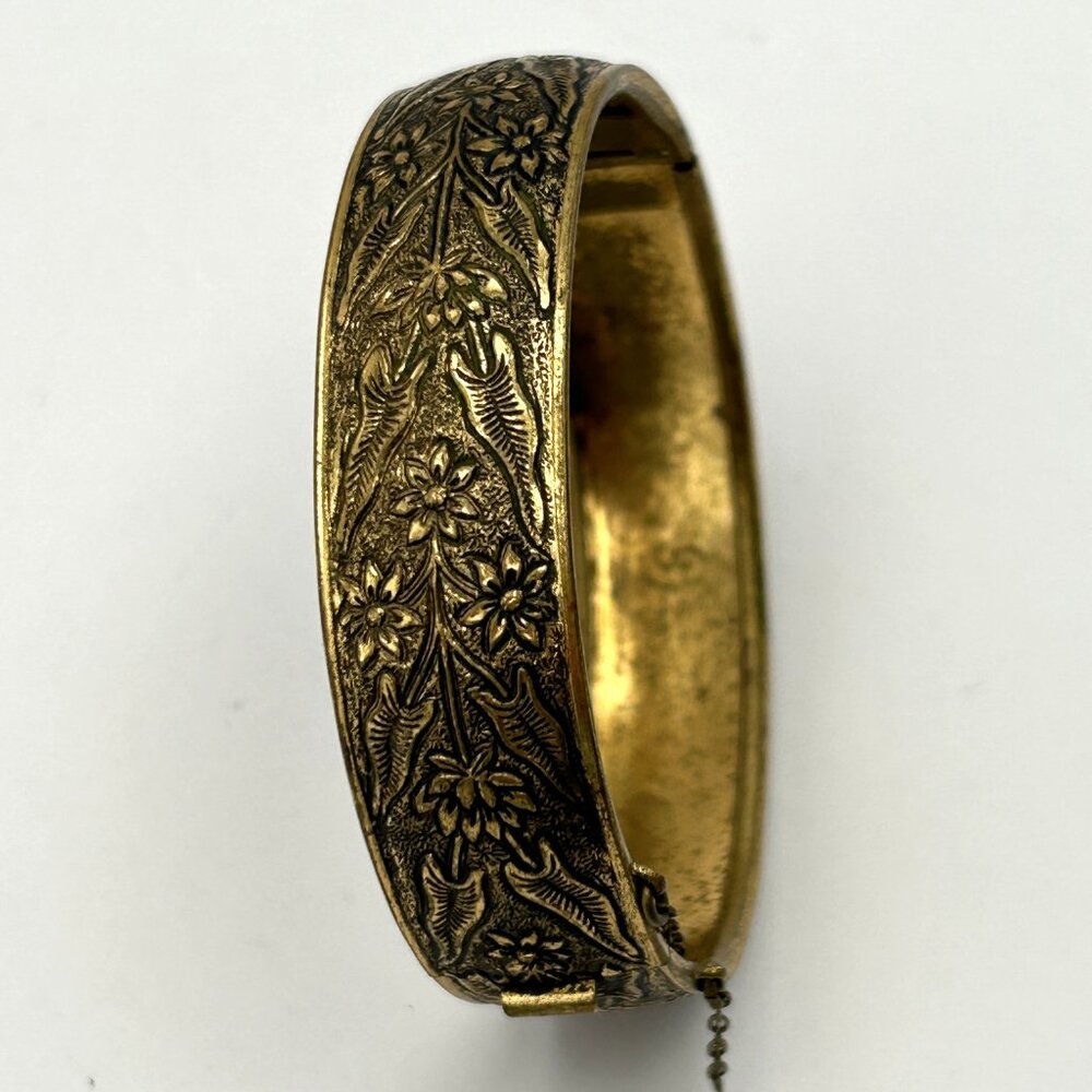 Victorian Revival Hinged Bracelet Repousse Floral Gold Tone 1in Wide